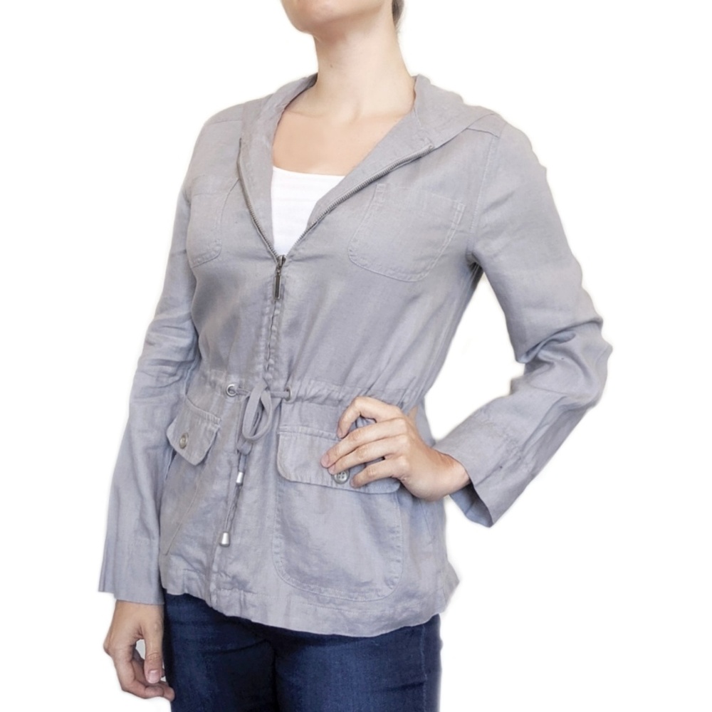 Gray 100% linen hooded zip up lightweight jacket